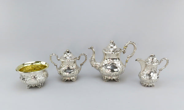 c1850s Gorgeous American Coin Silver 4 Piece Tea Set Fargo Family Monogram