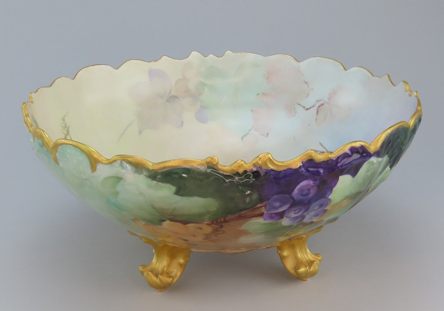 Huge 1904 Limoges Tres. Vogt Hand Painted Grapes Gilt Large Punchbowl Bowl 14.5"
