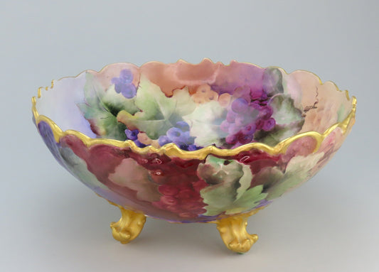 Huge 1904 Limoges Tres. Vogt Hand Painted Grapes Gilt Large Punchbowl Bowl 14.5"