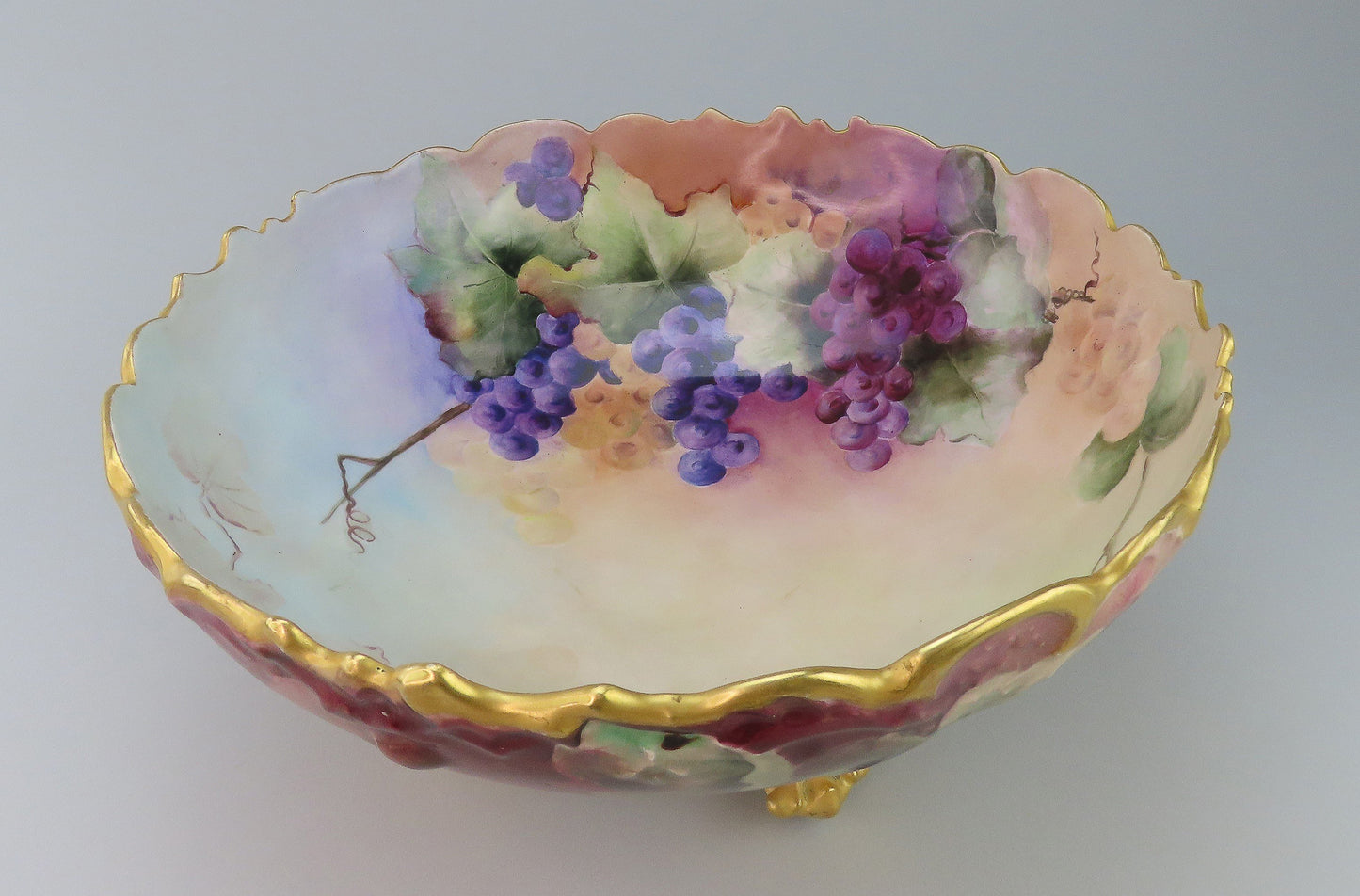 Huge 1904 Limoges Tres. Vogt Hand Painted Grapes Gilt Large Punchbowl Bowl 14.5"