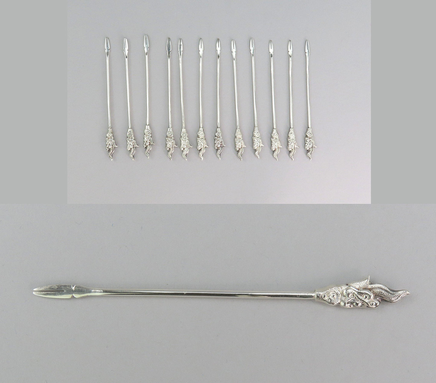 c1930s Vietnamese 900 Silver 12 Food Picks w/ Stand Dragons