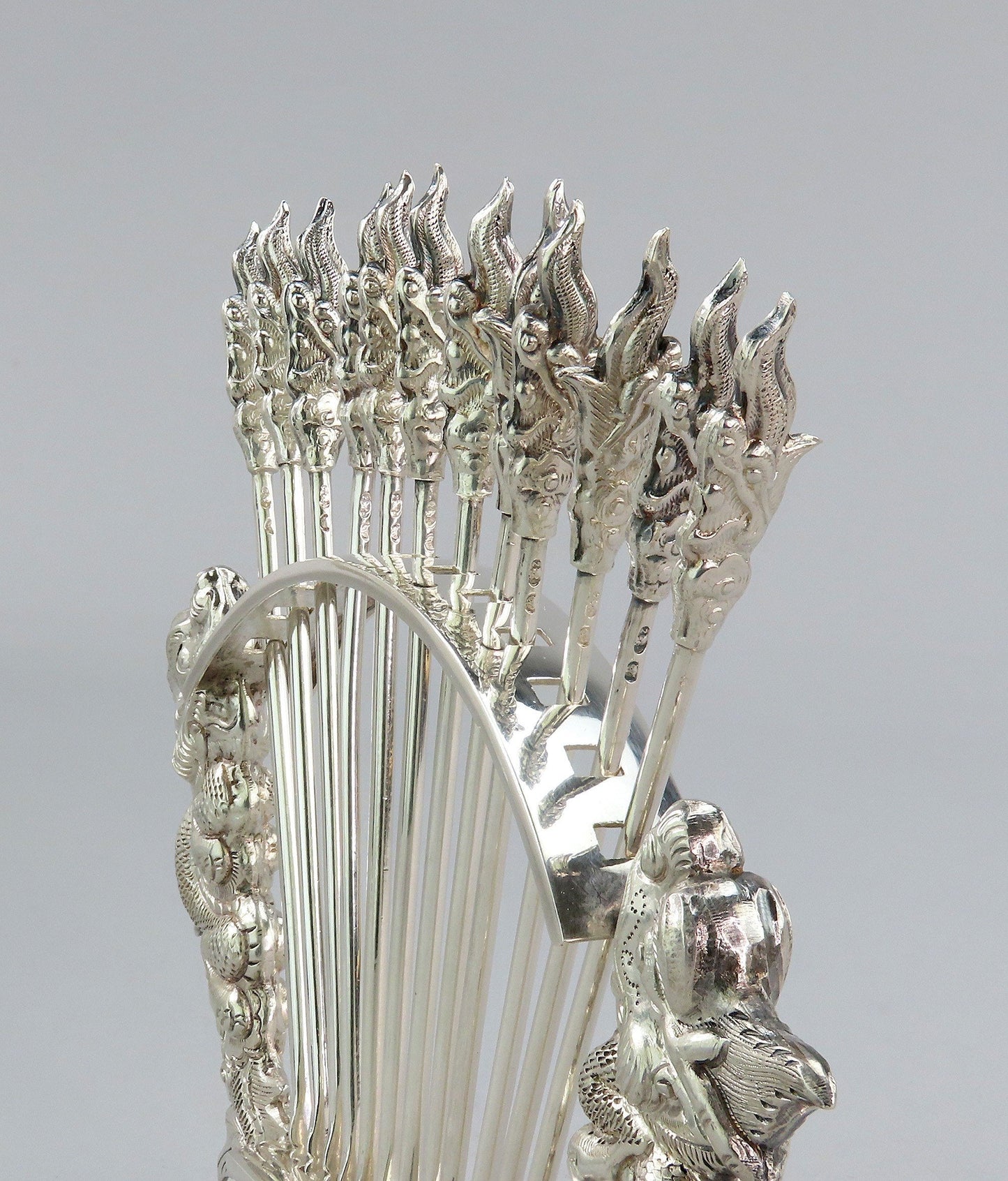 c1930s Vietnamese 900 Silver 12 Food Picks w/ Stand Dragons