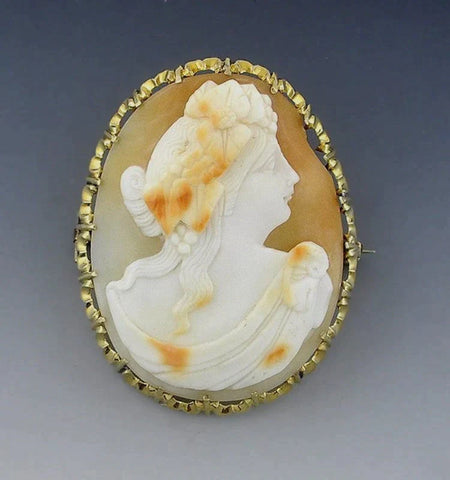 Antique 14k Gold Framed Italian Cameo Woman's Profile Peach Background mid-1800s