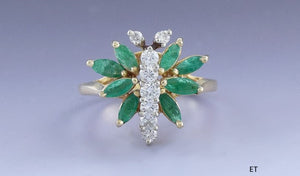 Delicious 14k Yellow Gold Diamond and Emerald Butterfly-Shape Ring Sz 6.25