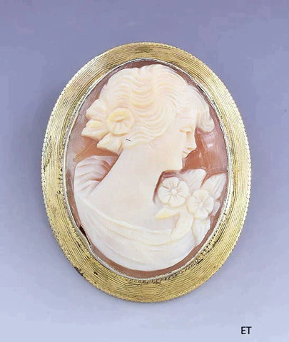 Shining Vintage 1920s-30s Gold Filled Carved Shell Cameo of Woman and Flowers