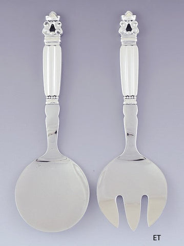 Fine Pair Georg Jensen Acorn Sterling Silver Serving Fork Spoon Set 8"