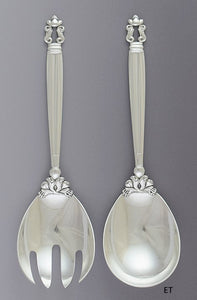 Georg Jensen Sterling Silver Acorn 2pc Salad Serving Spoon Fork Set