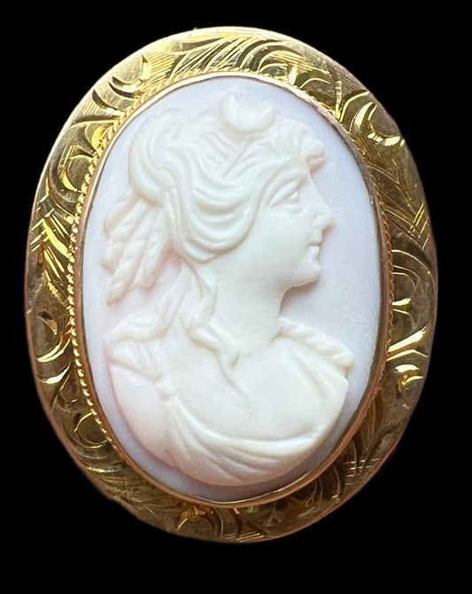 Vintage American 10k Yellow Gold Carved Shell Cameo Pendant/Pin Goddess Diana