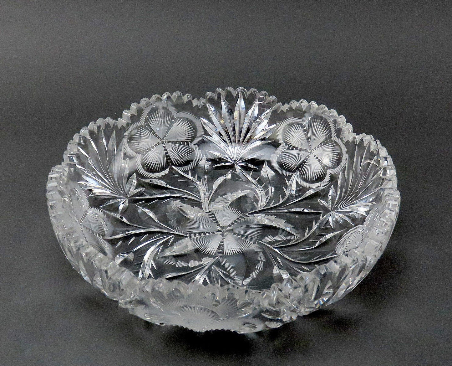 Stunning American Brilliant Period Cut Glass Floral Five Petal Flower Bowl 9"