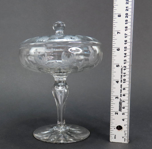 Fab Signed Sinclaire ABP Cut Glass Etched Floral Covered Compote Pedestal Bowl
