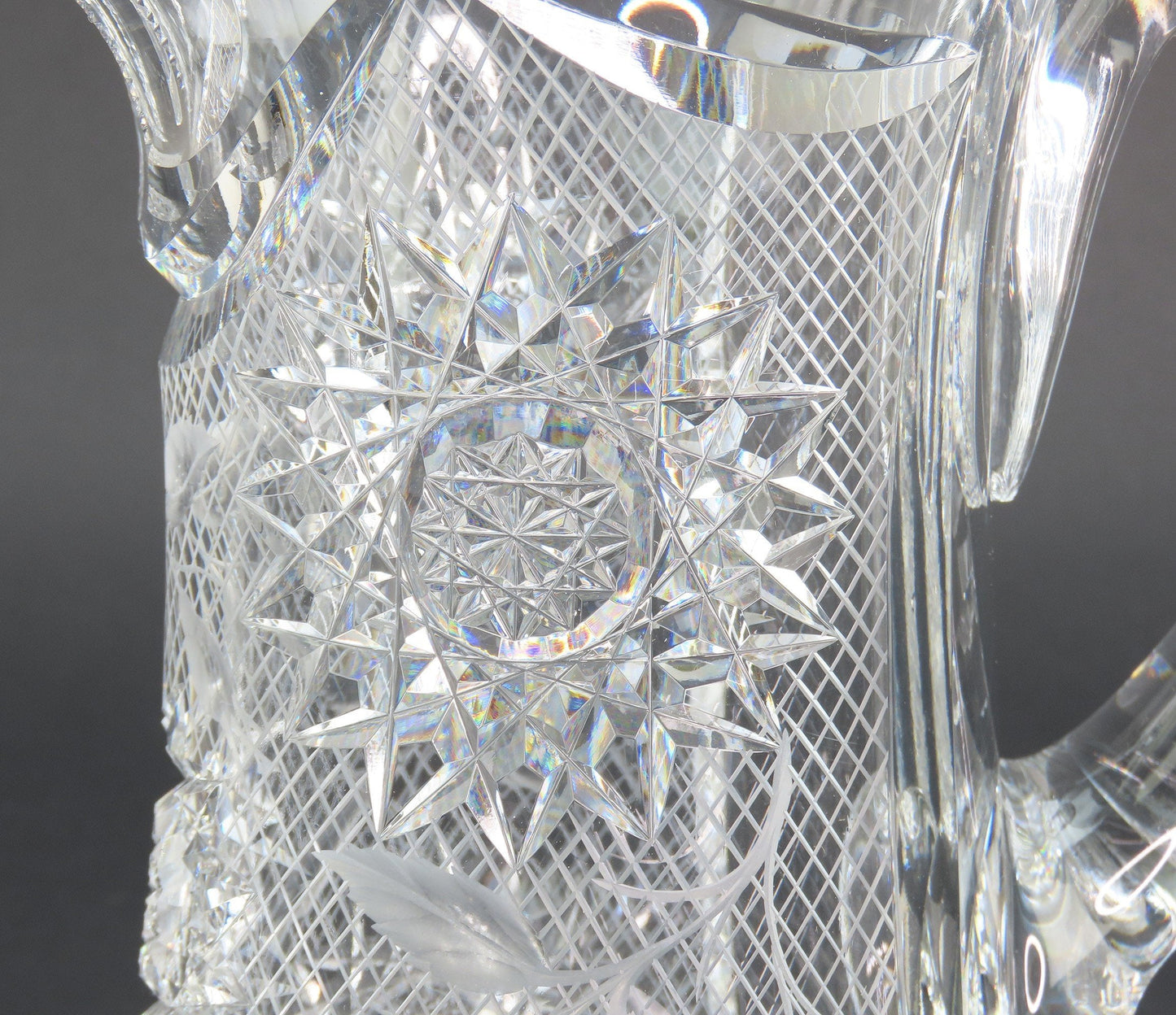 Dazzling American Brilliant Period Intaglio Cut Glass Water Pitcher w 4 Cups