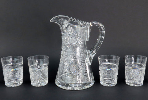 Dazzling American Brilliant Period Intaglio Cut Glass Water Pitcher w 4 Cups