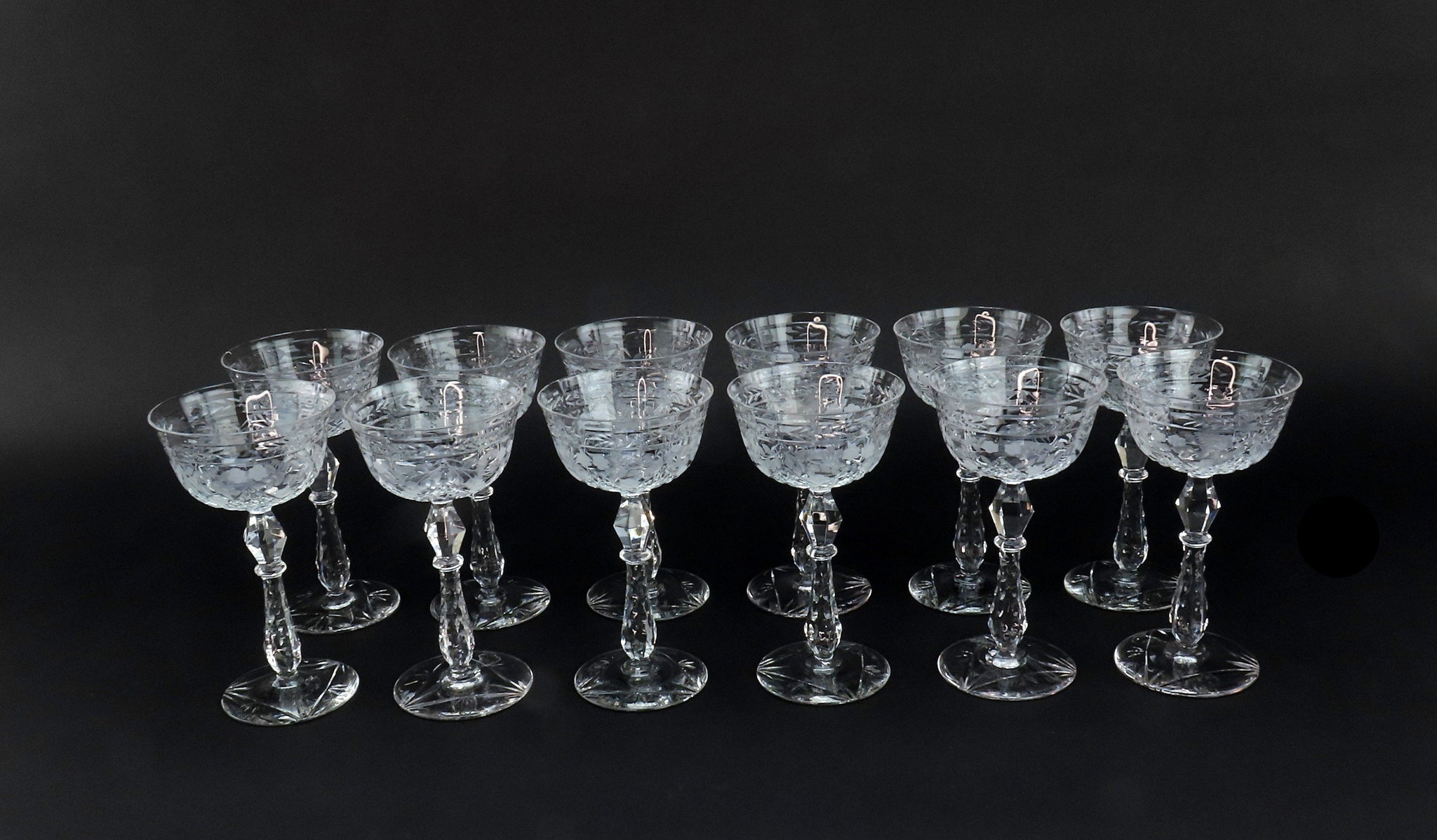 12 c1920s American Cut Frosted Glass 5oz Wine Glasses Stemware 6 1/2"