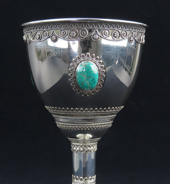 Large Modern Zadok Israeli Sterling Silver Kiddush Cup Eilat Stones 71/8" Tall