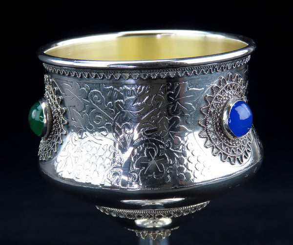 Beautiful Sterling Silver Kiddush Cup Hebrew Prayer w/ 3 Stones Likely Zadok