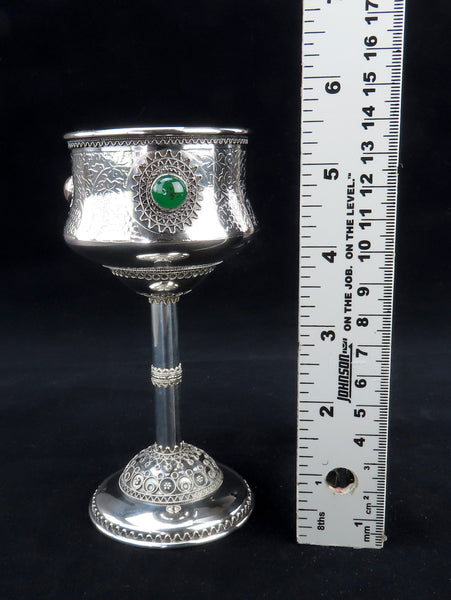 Beautiful Sterling Silver Kiddush Cup Hebrew Prayer w/ 3 Stones Likely Zadok