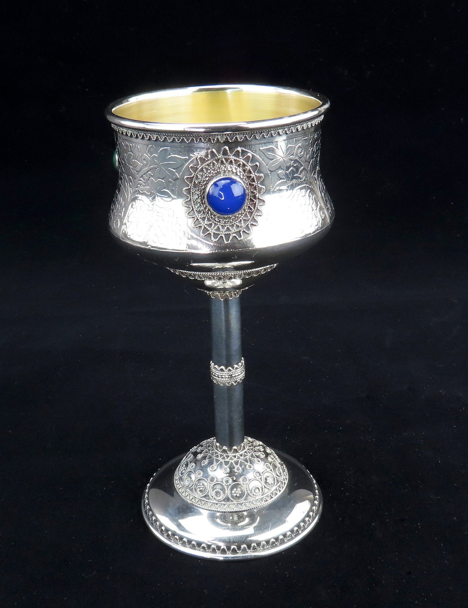 Beautiful Sterling Silver Kiddush Cup Hebrew Prayer w/ 3 Stones Likely Zadok