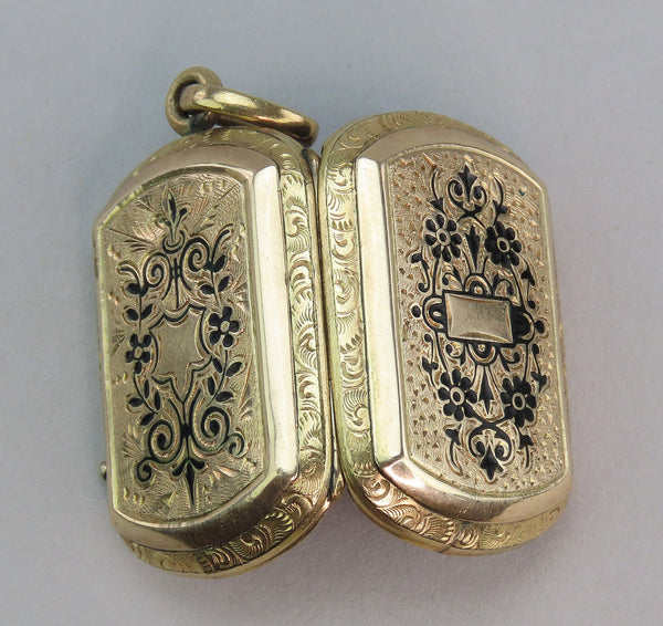 Gorgeous c1870s American Victorian 10k Gold Black Enamel Memorial Locket Pendant