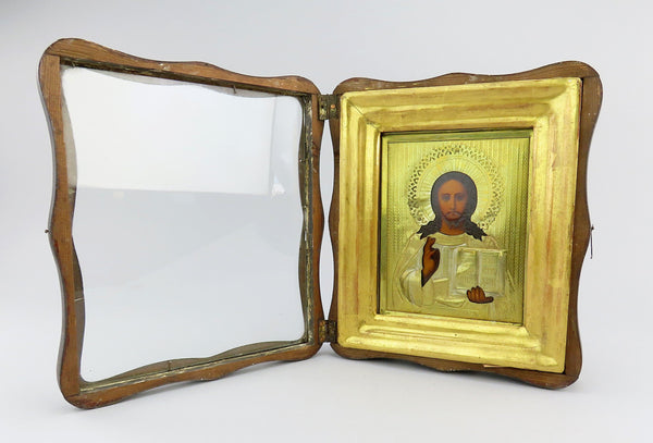 Fine Late 1800s/Early 1900s Russian Gilt Metalwork Framed Icon of Jesus