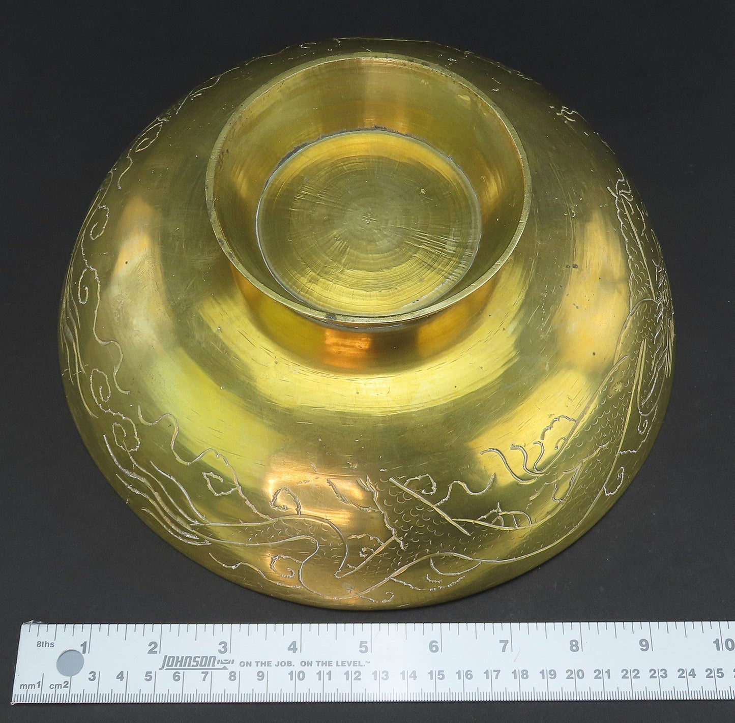 Neat Antique Chinese Brass Hand Engraved Dragons Eight Characters Bowl