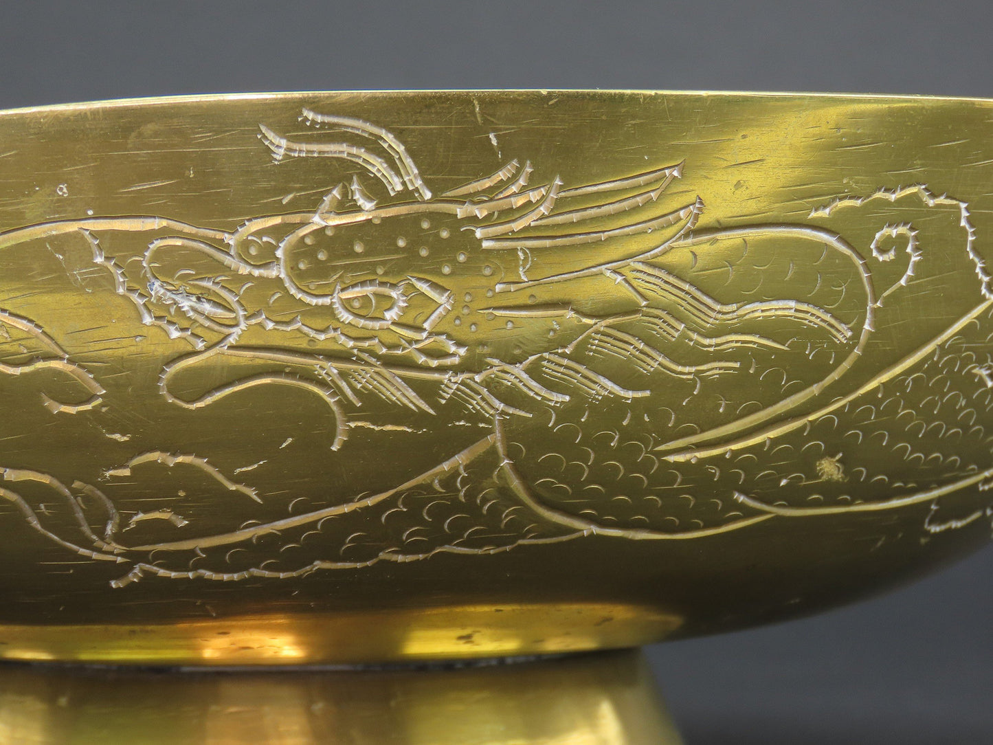 Neat Antique Chinese Brass Hand Engraved Dragons Eight Characters Bowl