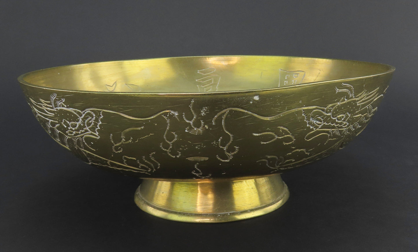 Neat Antique Chinese Brass Hand Engraved Dragons Eight Characters Bowl