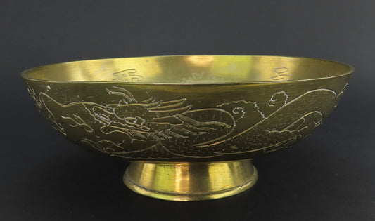 Neat Antique Chinese Brass Hand Engraved Dragons Eight Characters Bowl