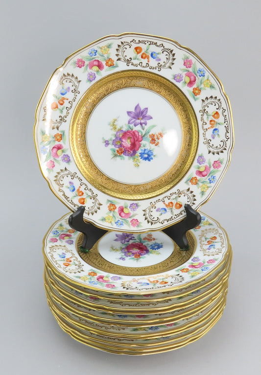 Superb Set 12 c1920s NSP Japan Floral Flowers Gold Gilt Dinner Plates 10 5/8”