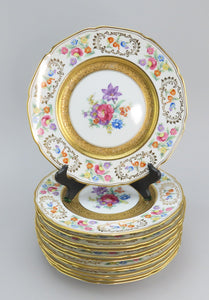 Superb Set 12 c1920s NSP Japan Floral Flowers Gold Gilt Dinner Plates 10 5/8”