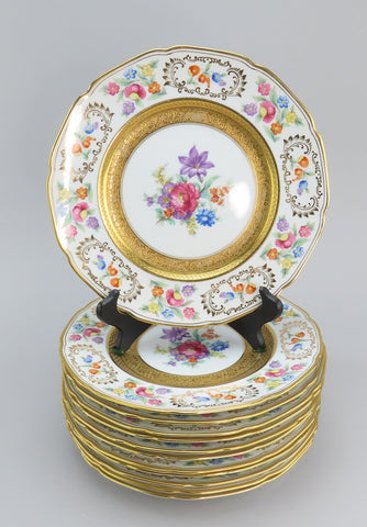 Superb Set 12 c1920s NSP Japan Floral Flowers Gold Gilt Dinner Plates 10 5/8”