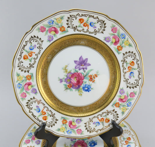 Superb Set 12 c1920s NSP Japan Floral Flowers Gold Gilt Dinner Plates 10 5/8”