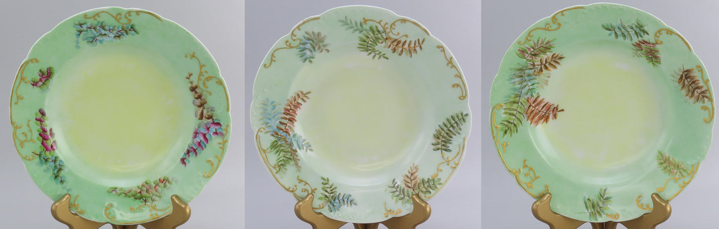 Nice Set 12 c1890 Haviland Limoges Green Hand Painted Floral Wide Rim Soup Bowls