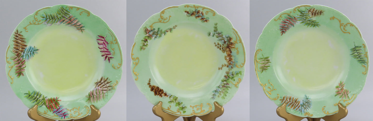 Nice Set 12 c1890 Haviland Limoges Green Hand Painted Floral Wide Rim Soup Bowls