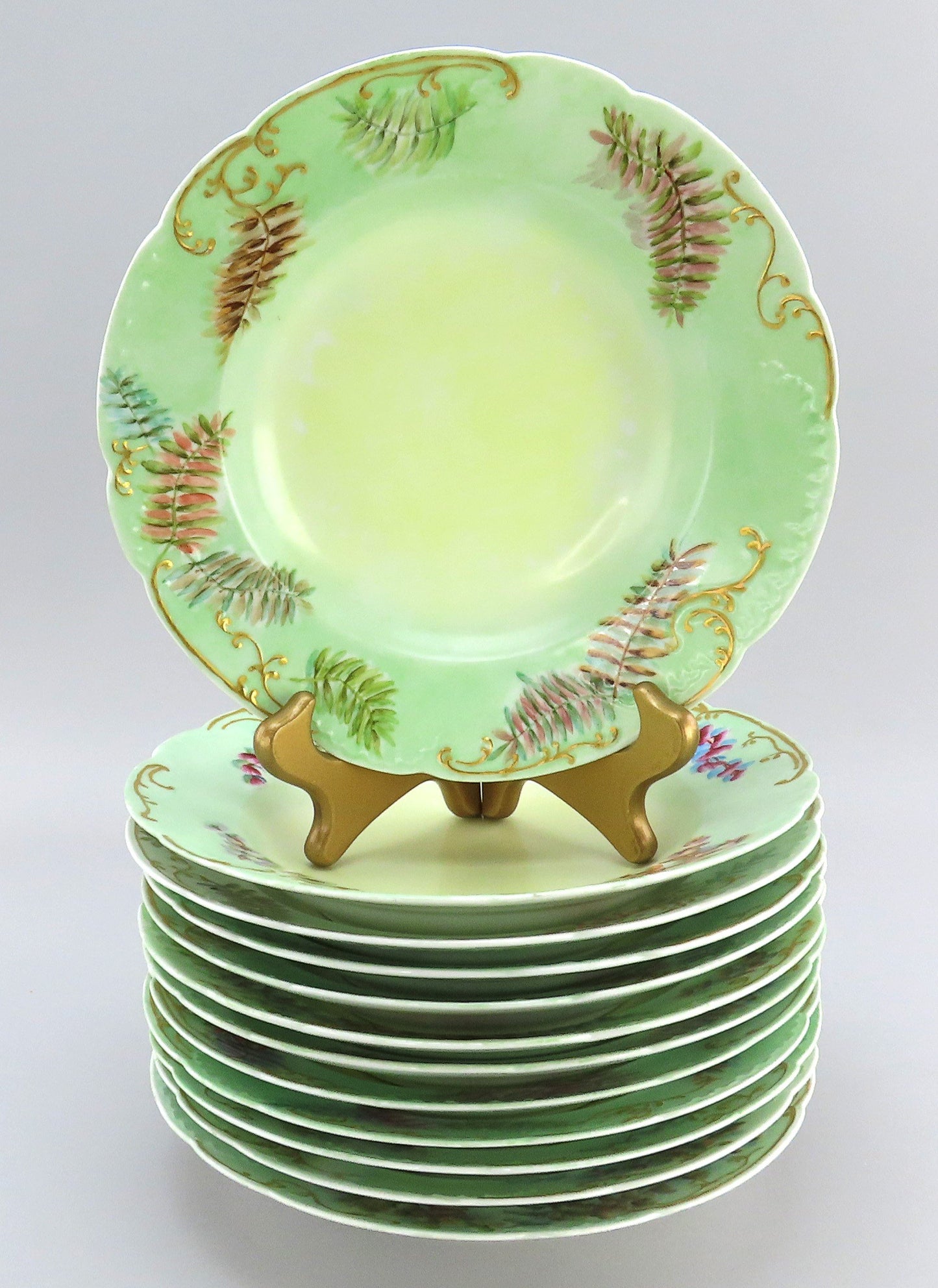 Nice Set 12 c1890 Haviland Limoges Green Hand Painted Floral Wide Rim Soup Bowls