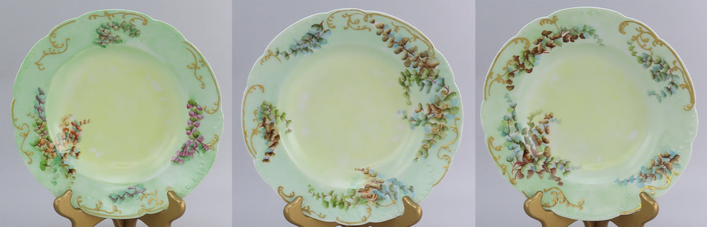 Nice Set 12 c1890 Haviland Limoges Green Hand Painted Floral Wide Rim Soup Bowls