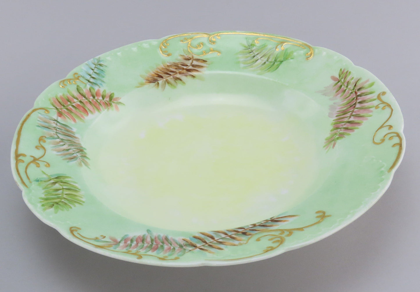 Nice Set 12 c1890 Haviland Limoges Green Hand Painted Floral Wide Rim Soup Bowls