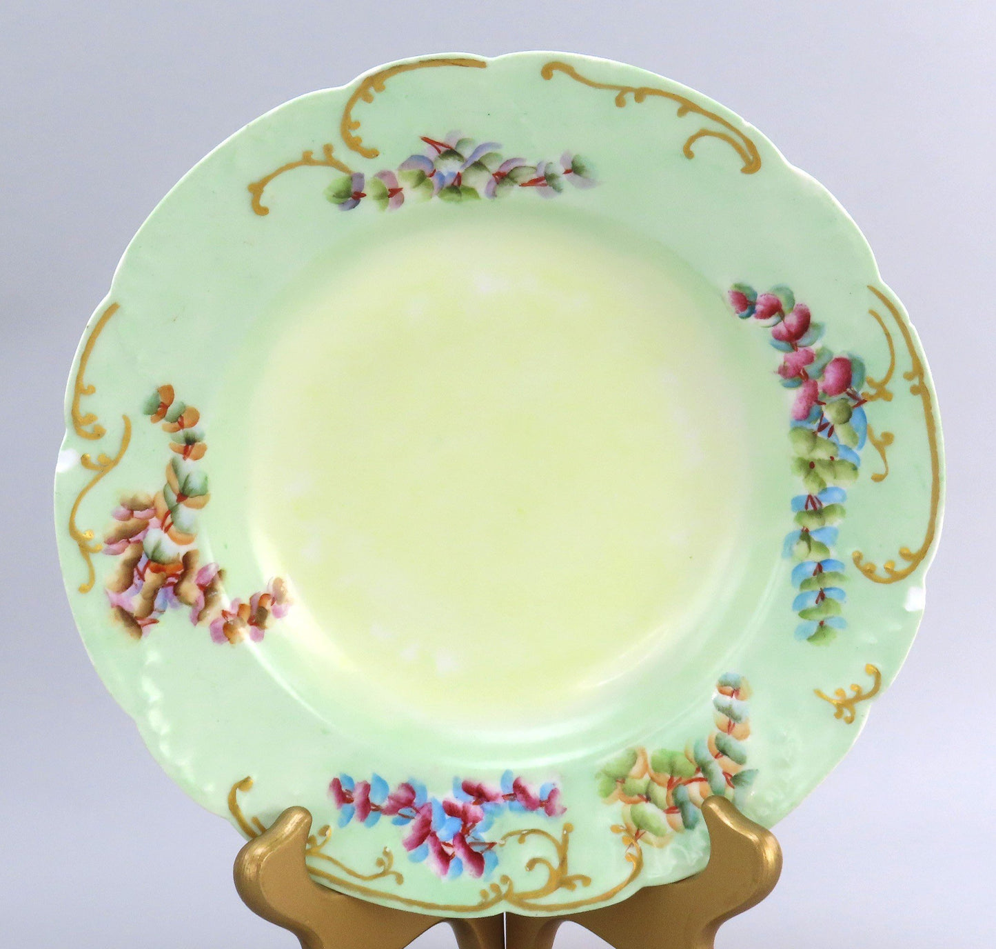 Nice Set 12 c1890 Haviland Limoges Green Hand Painted Floral Wide Rim Soup Bowls