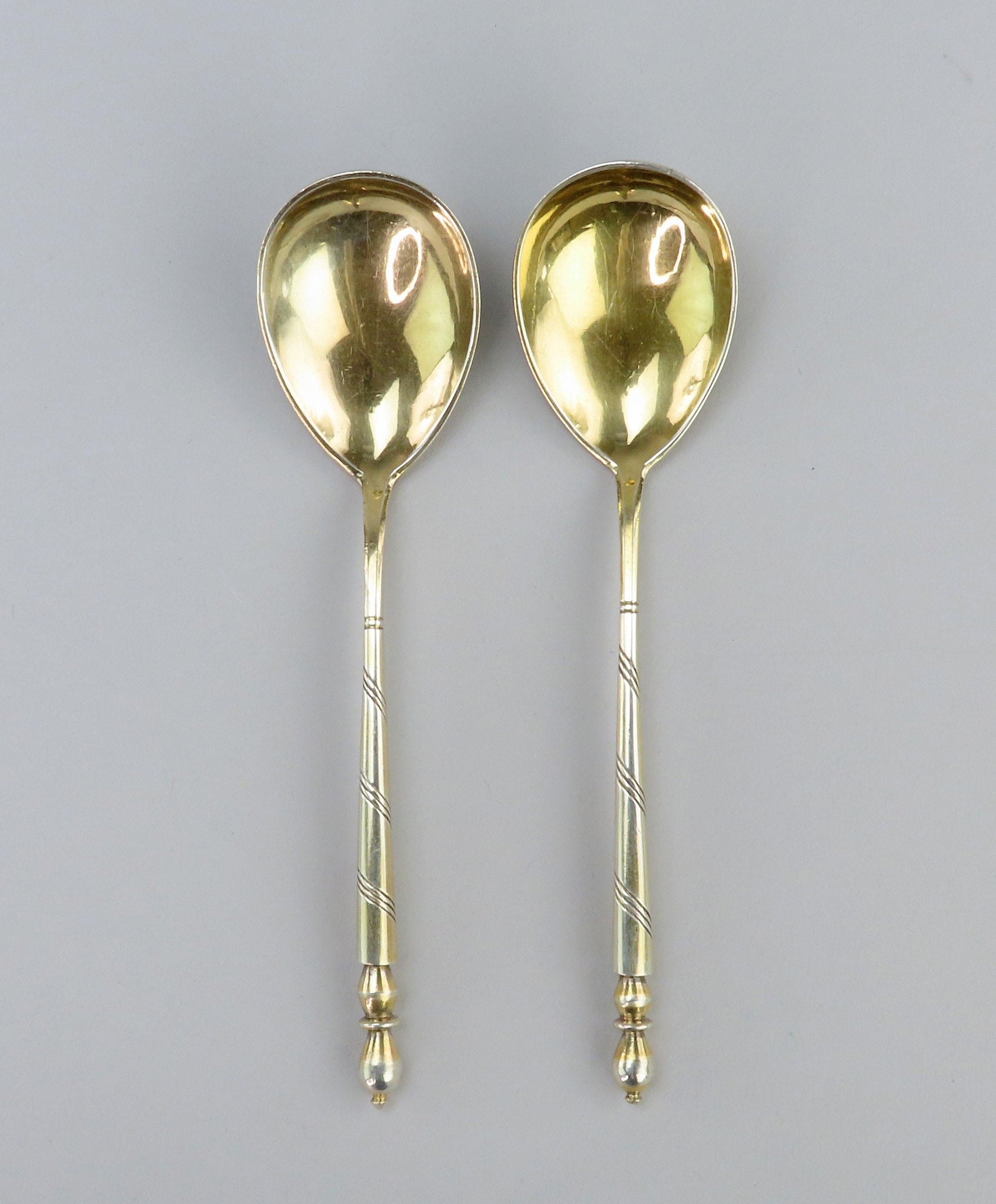 1847 Pair Russian Silver Gilded Niello Engraved Caviar Spoons w/ Box