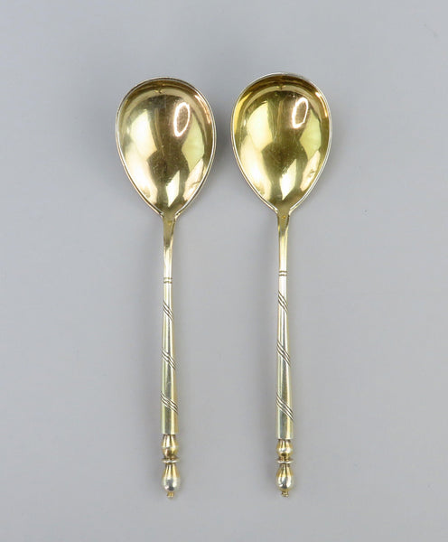 1847 Pair Russian Silver Gilded Niello Engraved Caviar Spoons w/ Box