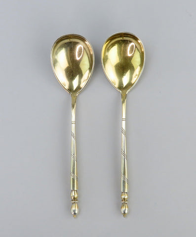 1847 Pair Russian Silver Gilded Niello Engraved Caviar Spoons w/ Box