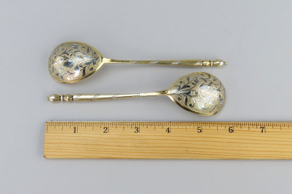 1847 Pair Russian Silver Gilded Niello Engraved Caviar Spoons w/ Box