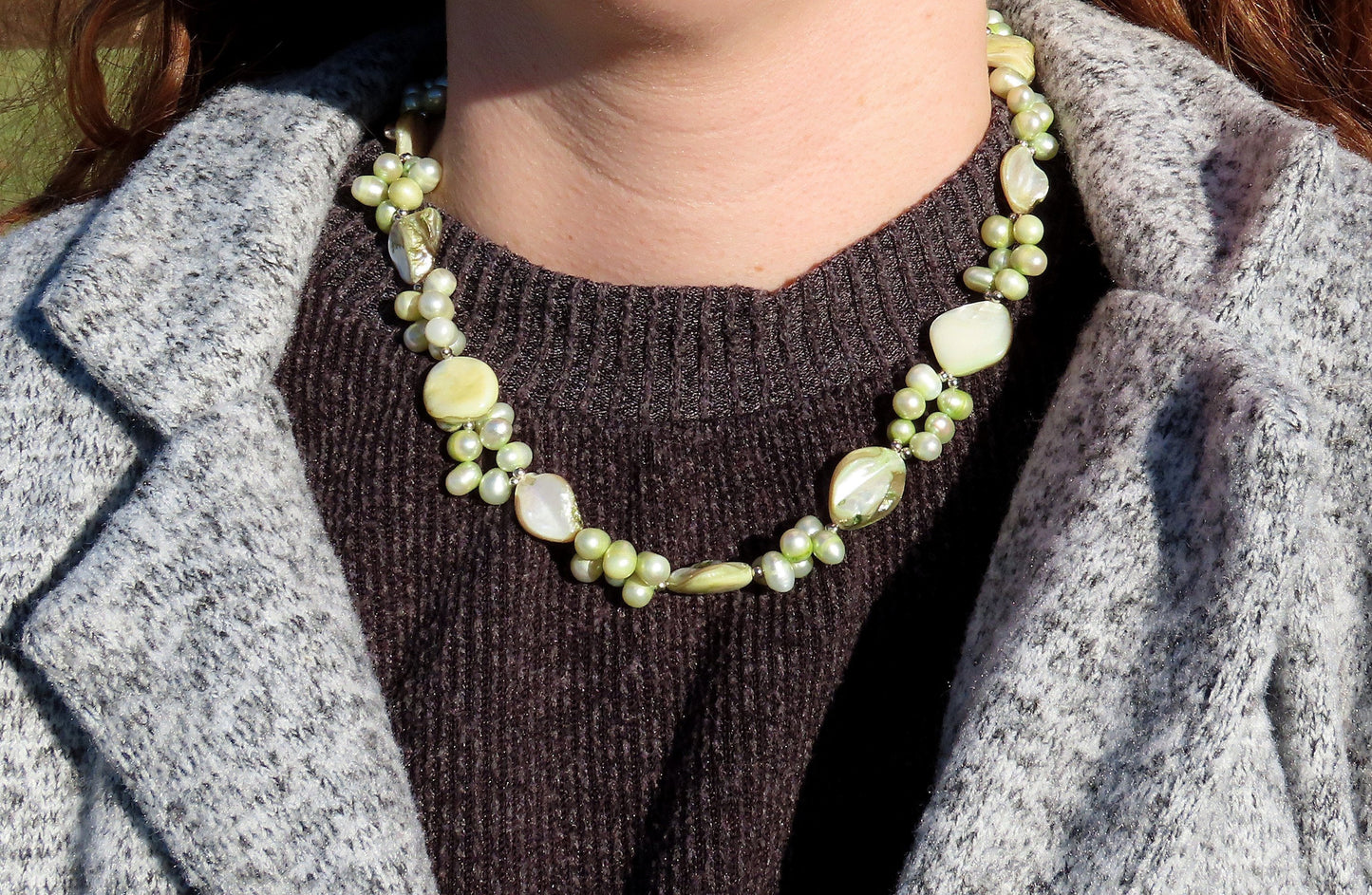 Pretty Spring Green Baroque Pearl and Mother of Pearl Necklace