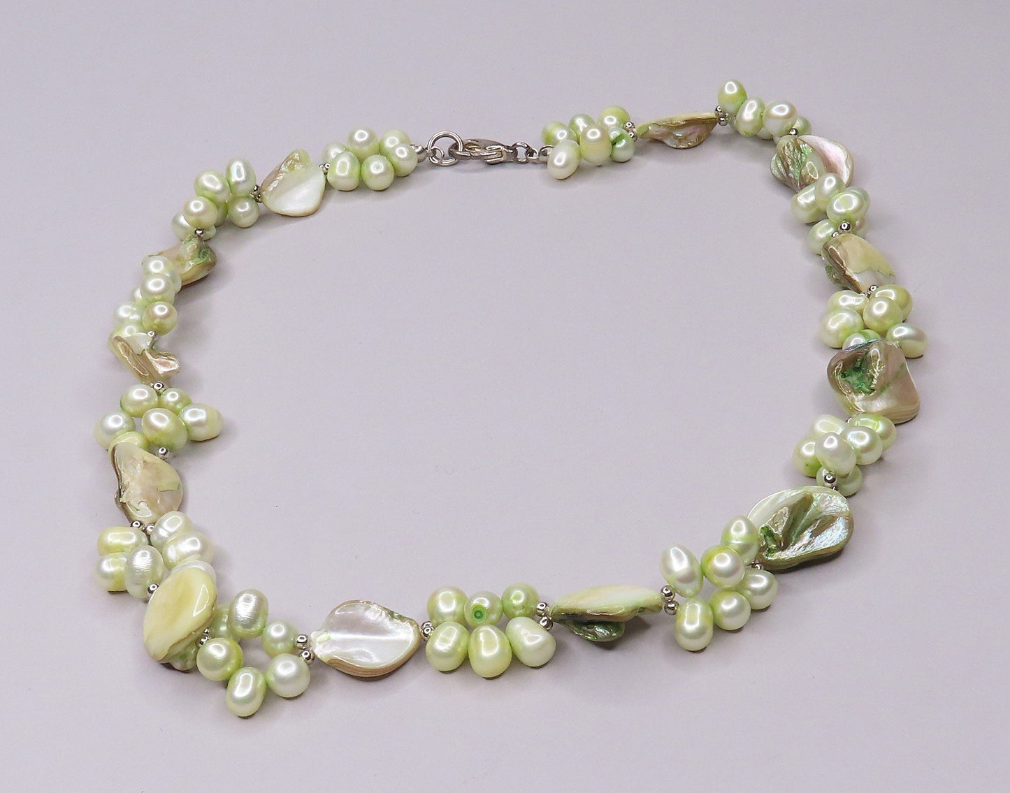 Pretty Spring Green Baroque Pearl and Mother of Pearl Necklace
