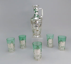 La Pierre Sterling Silver Green Ombre Glass Decanter Set w/ 4 Cups Art Nouveau