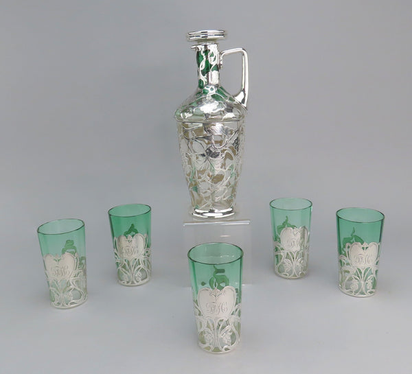 La Pierre Sterling Silver Green Ombre Glass Decanter Set w/ 4 Cups Art Nouveau