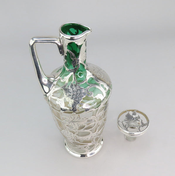 La Pierre Sterling Silver Green Ombre Glass Decanter Set w/ 4 Cups Art Nouveau