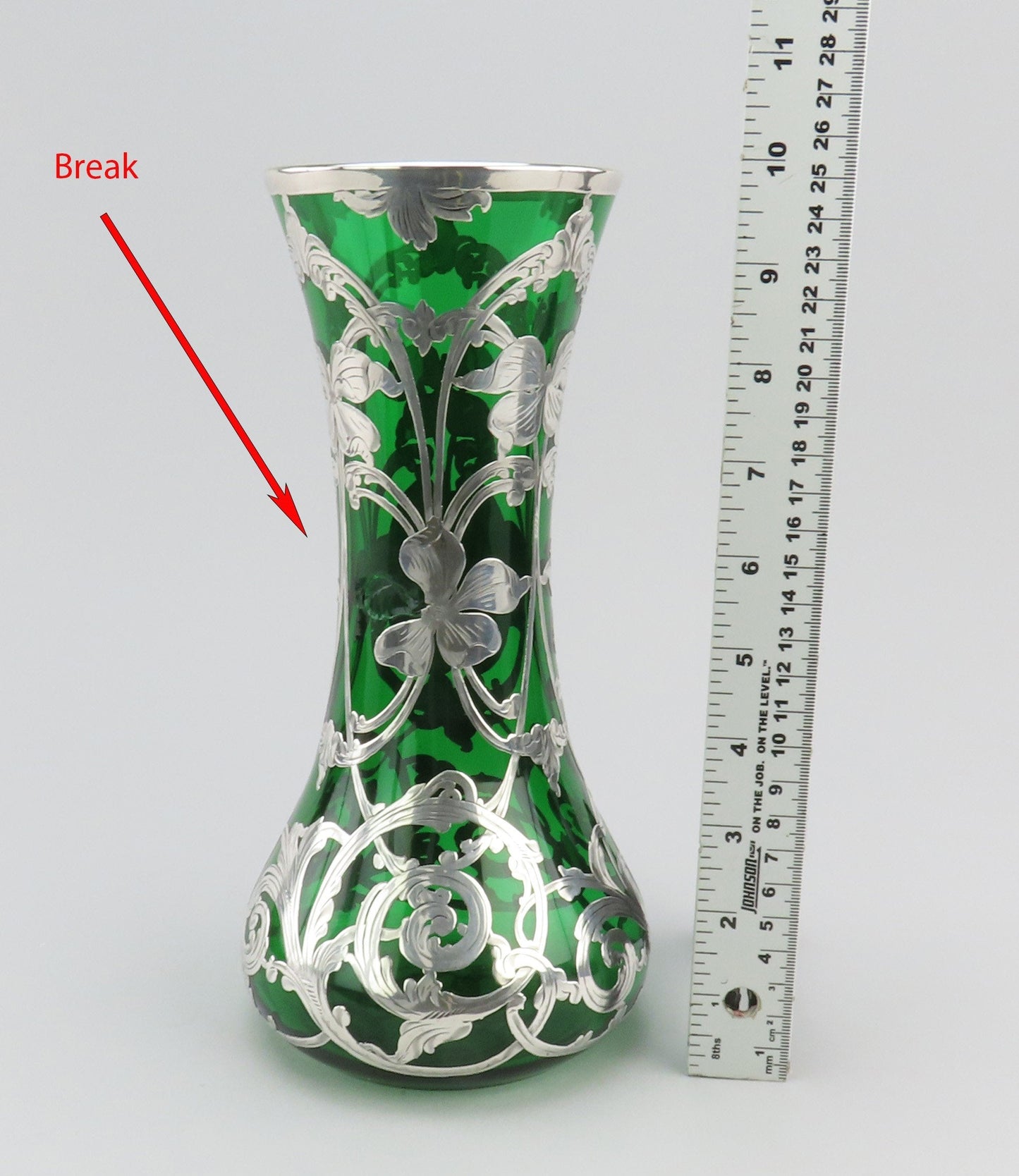 Fabulous Large Emerald Glass Vase w/ Sterling Silver Art Nouveau Overlay 10"