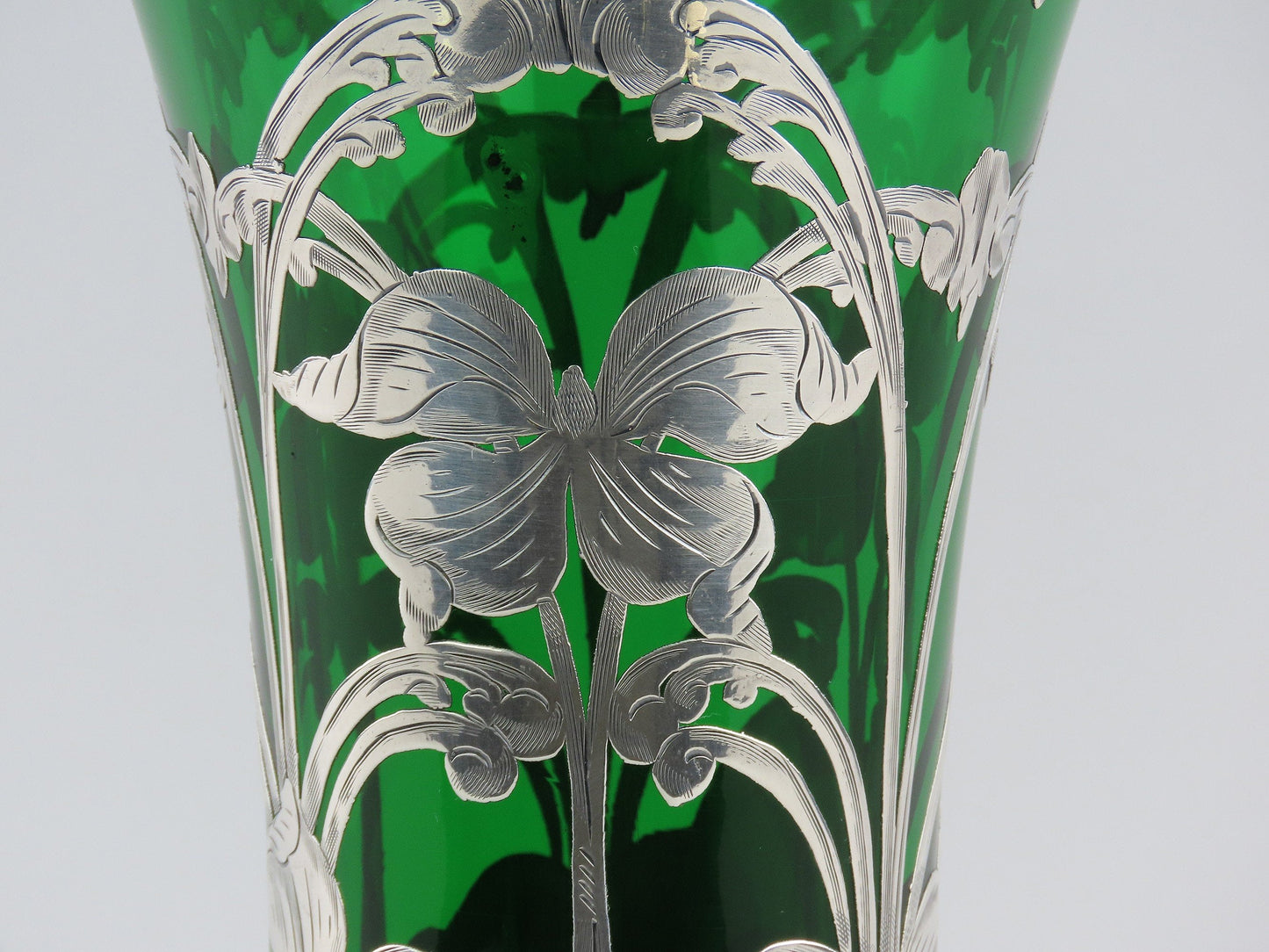 Fabulous Large Emerald Glass Vase w/ Sterling Silver Art Nouveau Overlay 10"