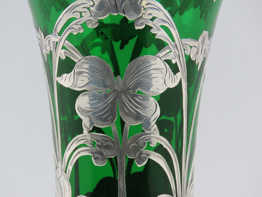 Fabulous Large Emerald Glass Vase w/ Sterling Silver Art Nouveau Overlay 10"