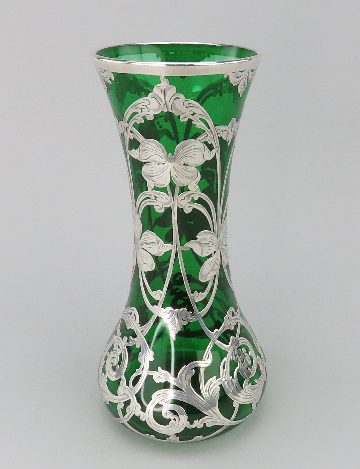 Fabulous Large Emerald Glass Vase w/ Sterling Silver Art Nouveau Overlay 10"